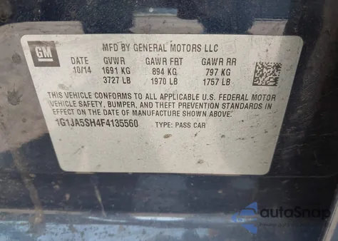 2015 Chevrolet Sonic Ls Auto z USA, uszkodzony, nr VIN 1G1JA5SH4F4135560